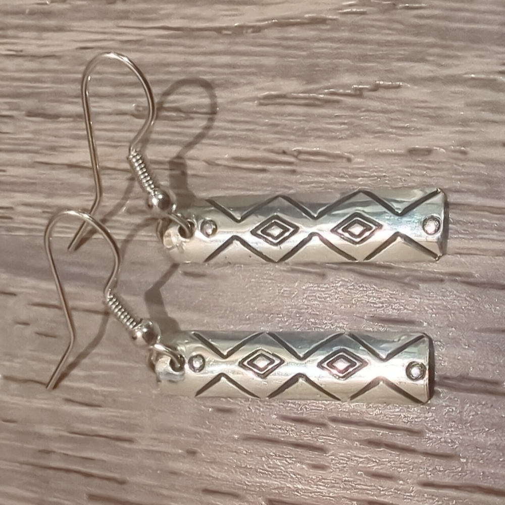 Navajo Sterling Silver Stamped Handmade Earrings - Picture 4 of 7